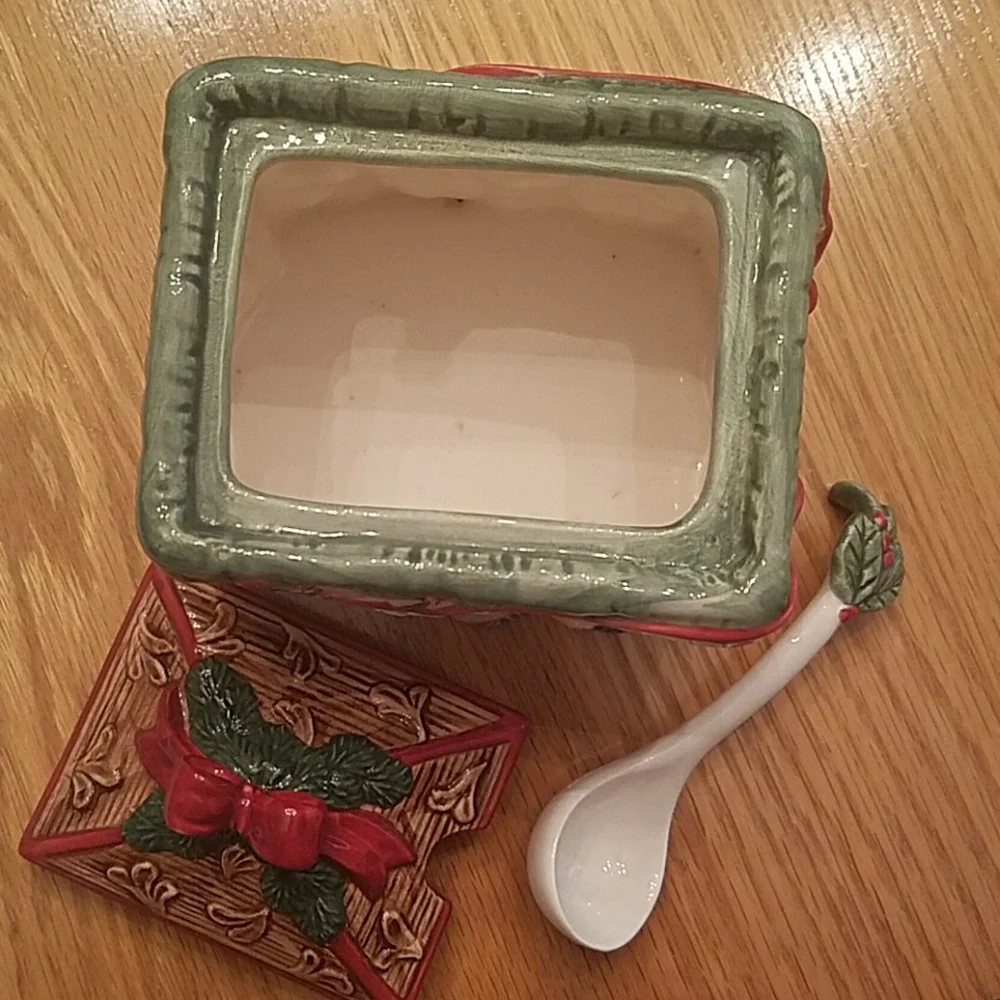Fitz & Floyd Christmas Sugar Bowl w/Lid & Spoon Night Before Christmas